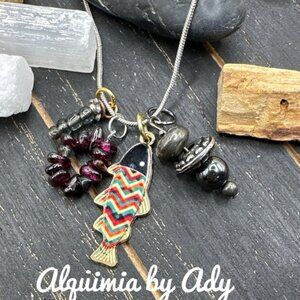 Colorful Sardine fish charms  and Silver Necklace with Charms and garnet